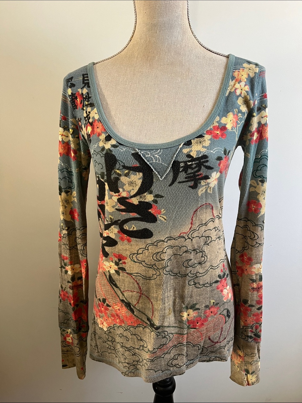 Lucky Brand Floral Graphic Scoop Neck Long Sleeve Tee - Teal, Red, Cream